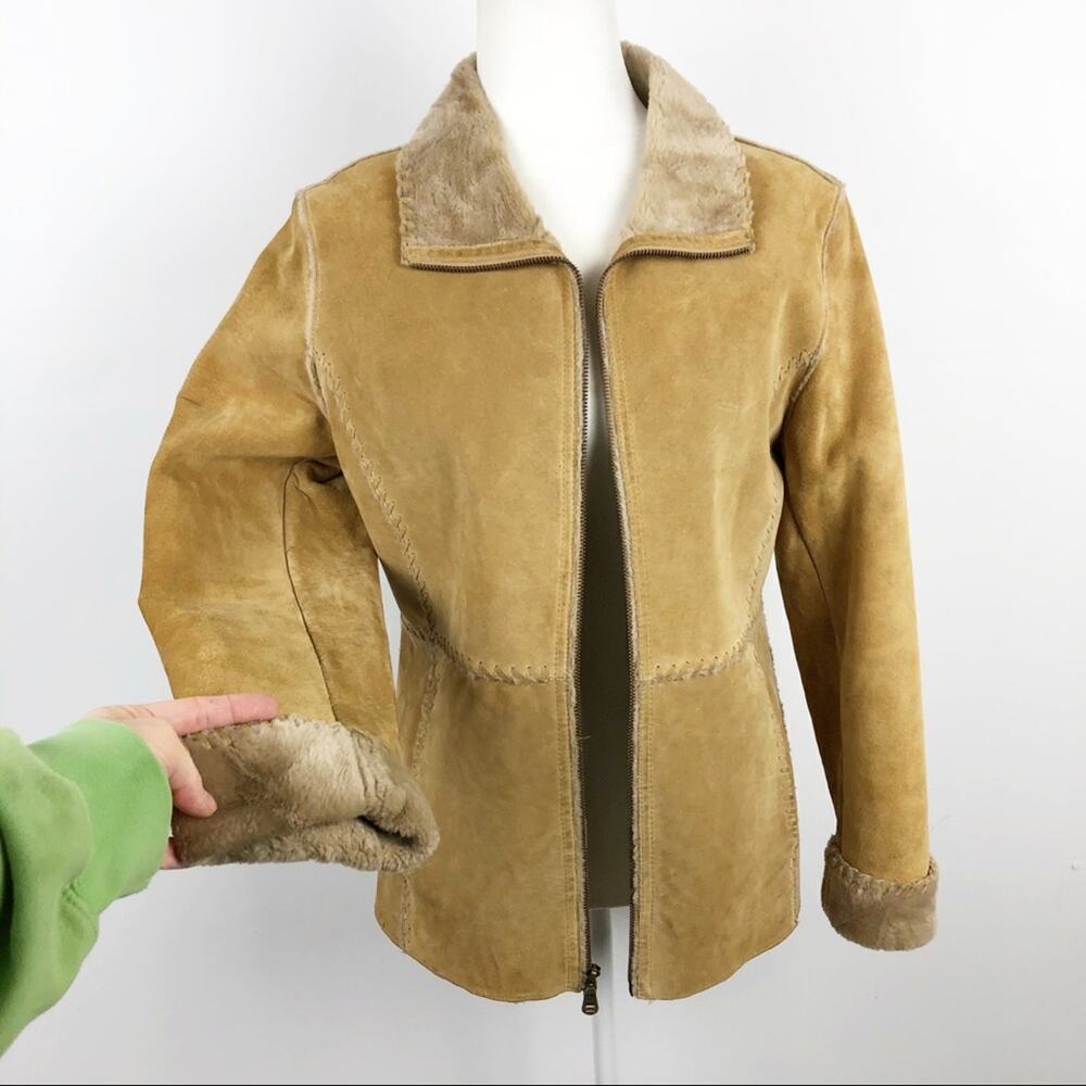 VTG Guess Shearling 100% Leather Patchwork Tan Fu… - image 4